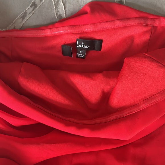 Lulus Showing Off a Little Red Asymmetrical Tulip Midi Size M Dress. - Picture 4 of 5